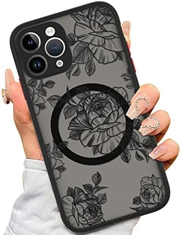 AIGOMARA לאייפון 12 פרו מקסימום מארז [תואם ל- Magsafe] פרחים שחורים פרחים דפוס עיצוב עיצוב לנשים בנות רך TPU פגוש קשה מחשב
